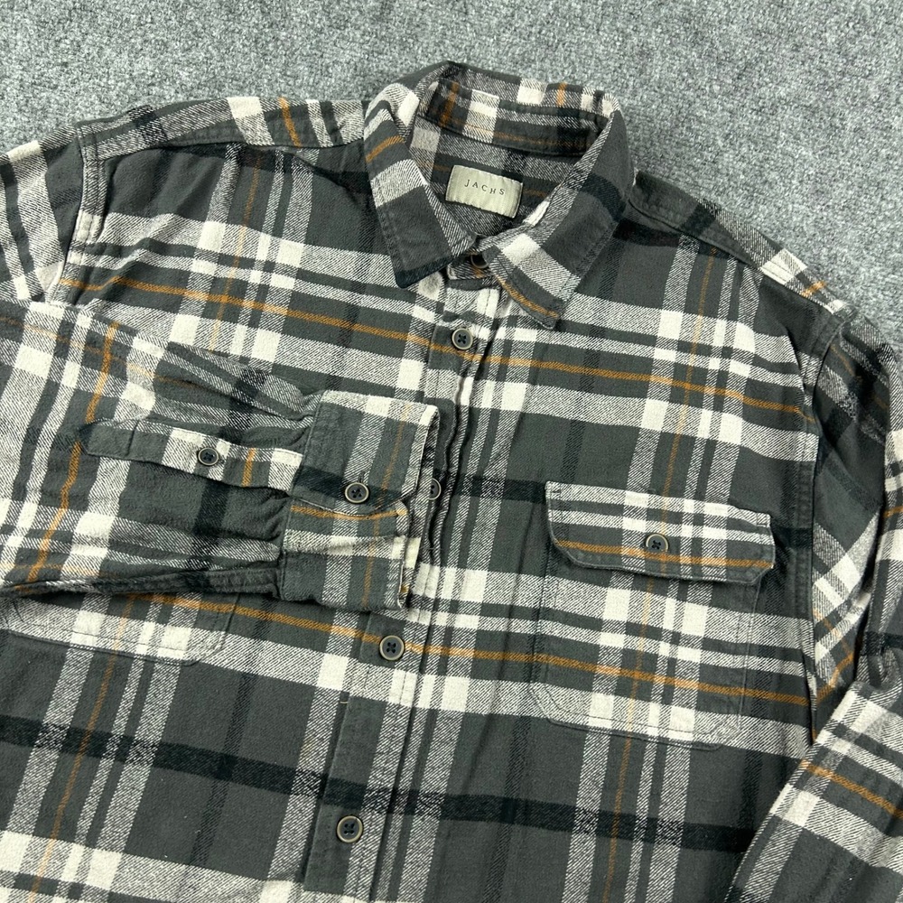 Jachs Flannel Shirt‎ Mens 2XL Gray Plaid Long Sleeve Button Down Casual Pocket